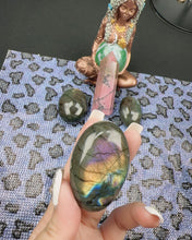 Load image into Gallery viewer, Labradorite Palm Stone Set (3 Pieces)$45  &amp; Rhodonite Point Tower
